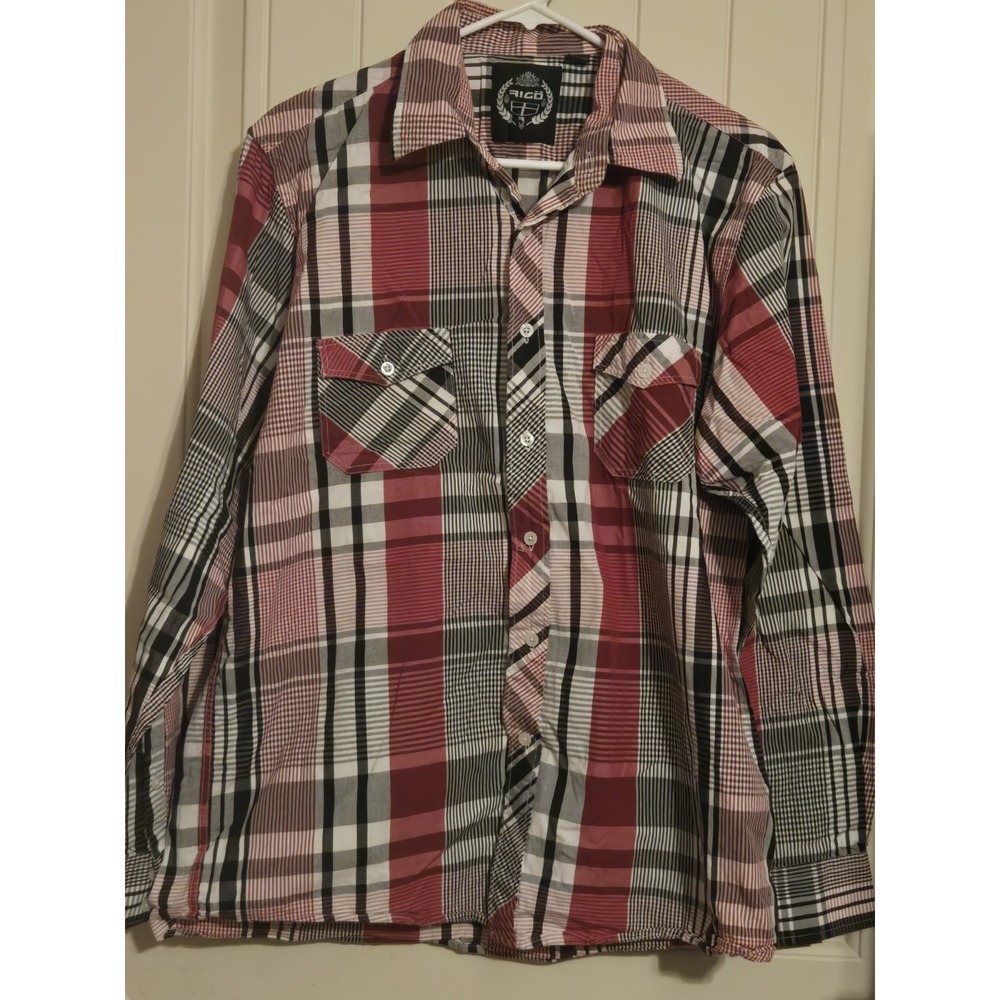Figo Men's Plaid Button Down Shirt - Red Black White -‎ Size Large - Long Sleeve
